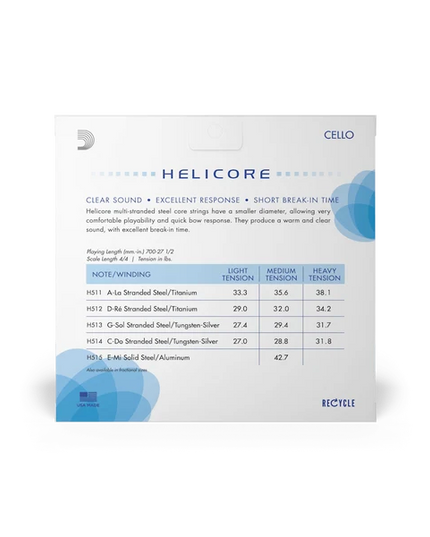 D'ADDARIO H5104/4M D'Addario Helicore Cello String Set, 4/4 Scale, Medium Tension