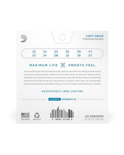 D'ADDARIO XSAPB1047-12 10-47 Light 12-String, XS Phosphor Bronze Coated Acoustic Guitar Strings