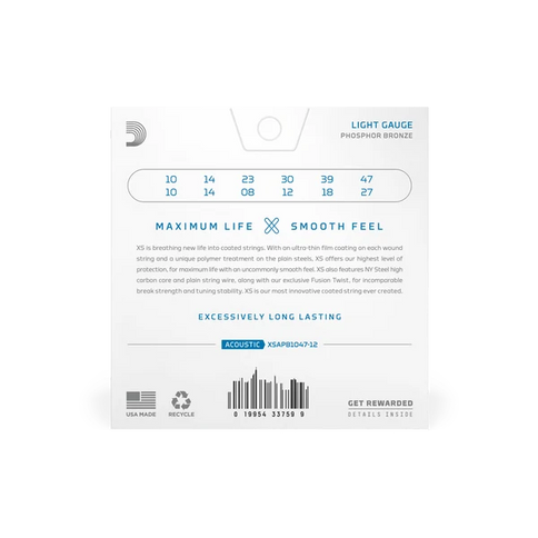 D'ADDARIO XSAPB1047-12 10-47 Light 12-String, XS Phosphor Bronze Coated Acoustic Guitar Strings
