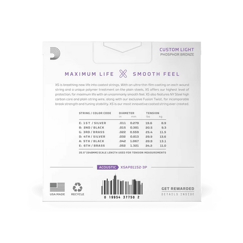 D'ADDARIO XSAPB1152 11-52 Custom Light, XS Phosphor Bronze Coated Acoustic Guitar Strings