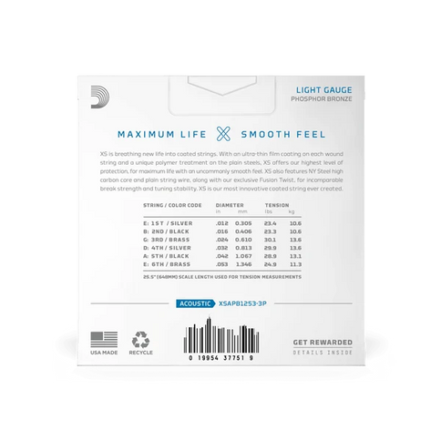 D'ADDARIO XSAPB1253 12-53 Light, XS Phosphor Bronze Coated Acoustic Guitar Strings